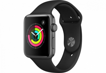 Apple Watch Series 3, 42 мм, корпус из алюминия цвета «серый космос», спортивный ремешок чёрного цвета 