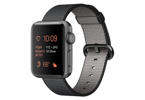 Apple Watch Series 2, 38 мм, корпус из алюминия цвета «серый космос», ремешок из плетёного нейлона чёрного цвета 